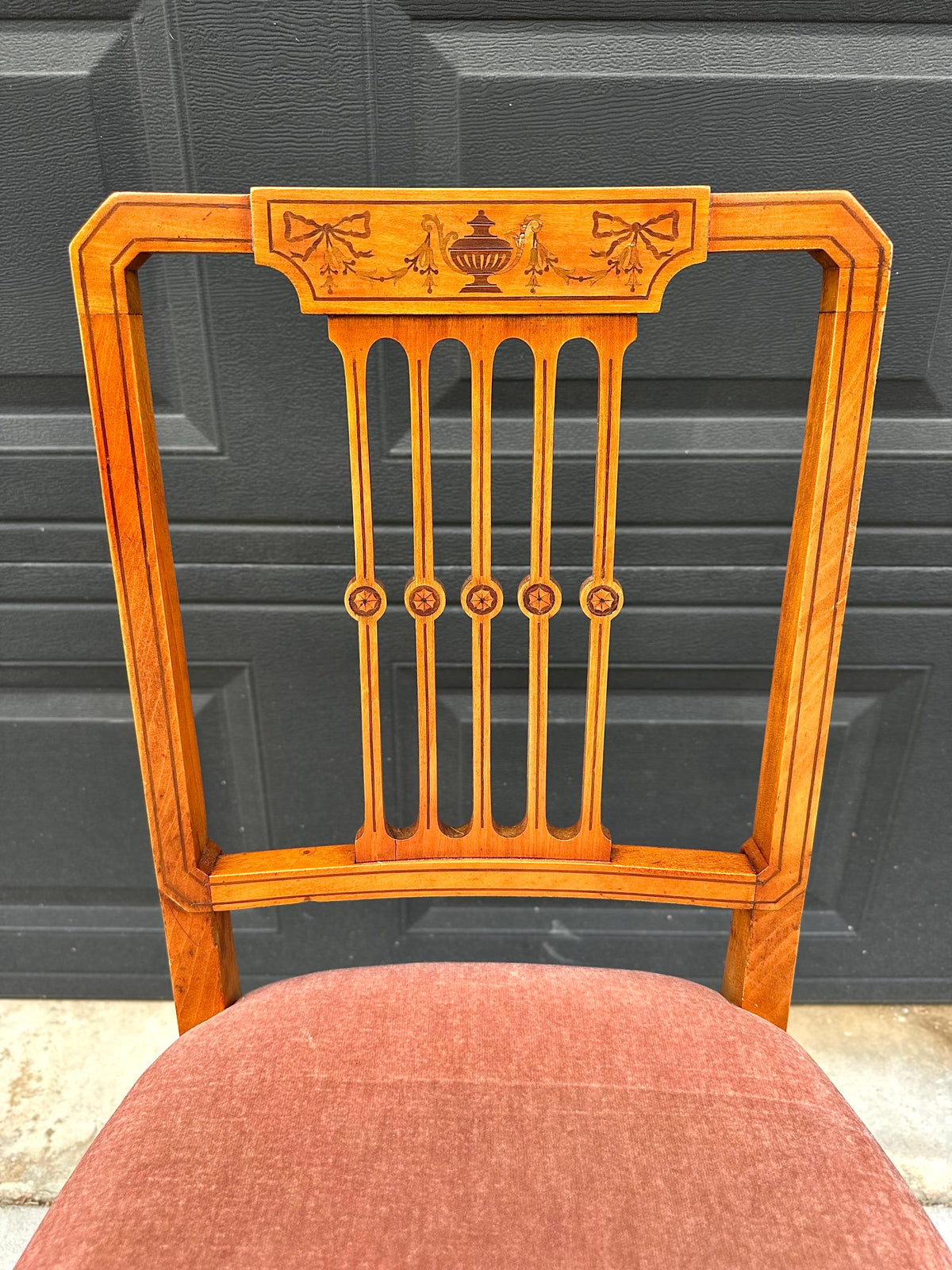 Antique Late 19th C Edwardian Sheraton Inlaid Yew Wood Upholstered Chair 18" Wide