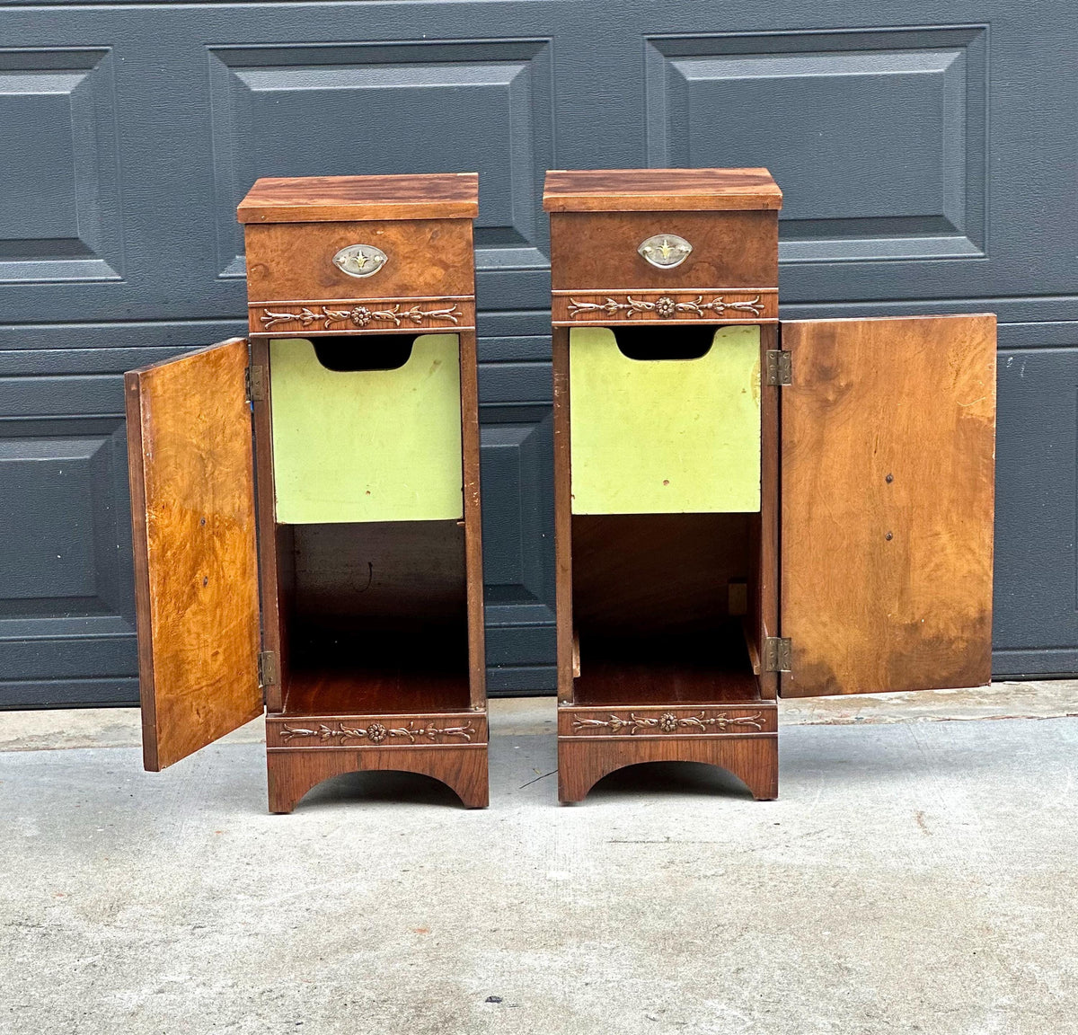 Antique Late 19th C Burl Wood Carved Narrow Side Cabinet Tables 12" Wide - a Pair