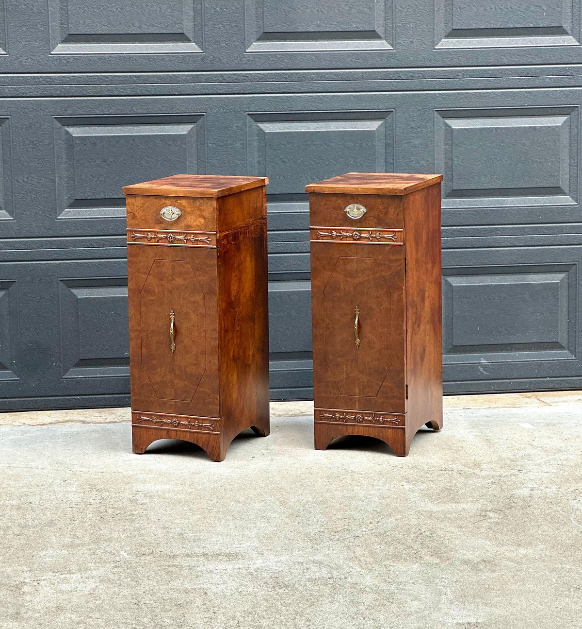 Antique Late 19th C Burl Wood Carved Narrow Side Cabinet Tables 12" Wide - a Pair