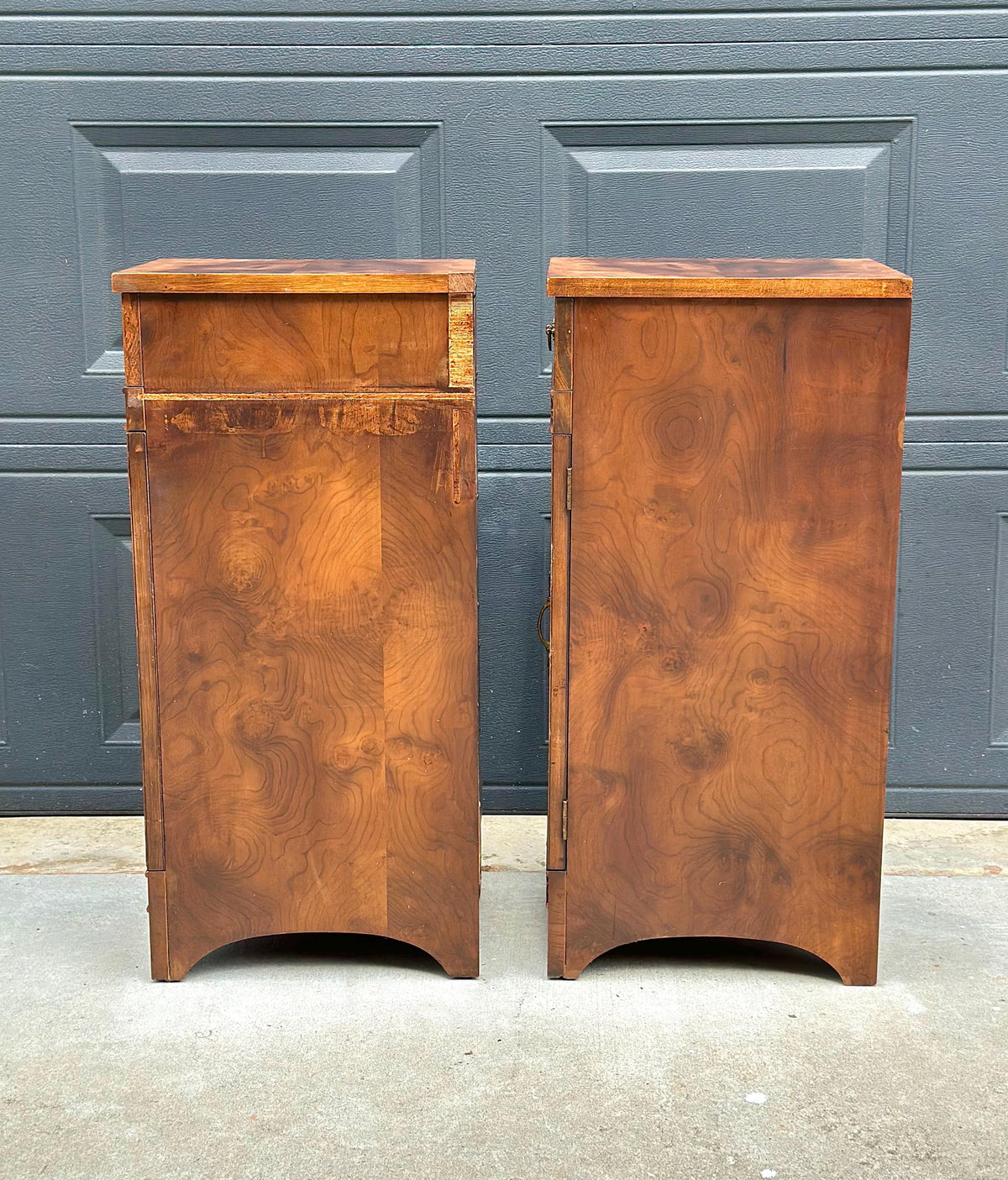 Antique Late 19th C Burl Wood Carved Narrow Side Cabinet Tables 12" Wide - a Pair