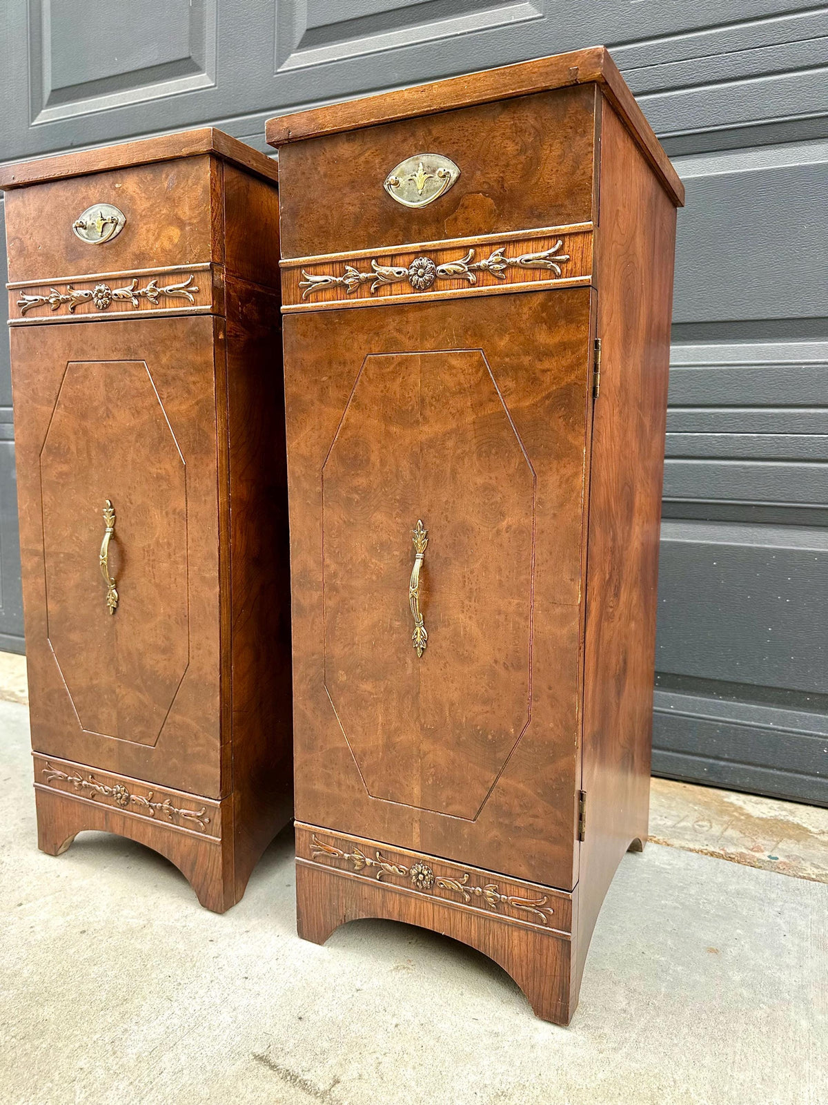 Antique Late 19th C Burl Wood Carved Narrow Side Cabinet Tables 12" Wide - a Pair
