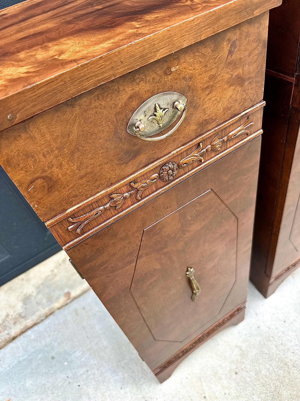Antique Late 19th C Burl Wood Carved Narrow Side Cabinet Tables 12" Wide - a Pair