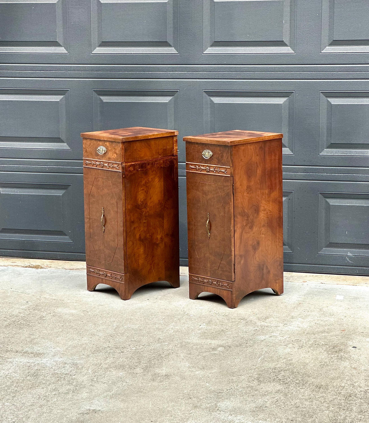 Antique Late 19th C Burl Wood Carved Narrow Side Cabinet Tables 12" Wide - a Pair