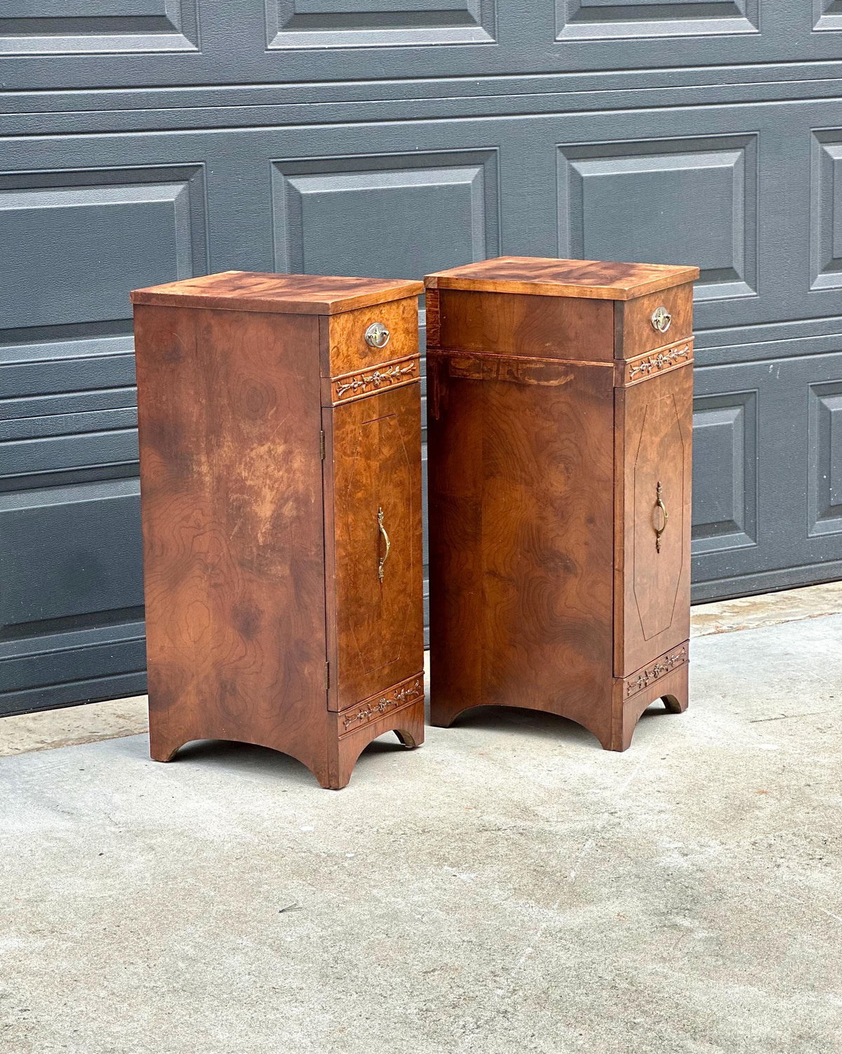 Antique Late 19th C Burl Wood Carved Narrow Side Cabinet Tables 12" Wide - a Pair
