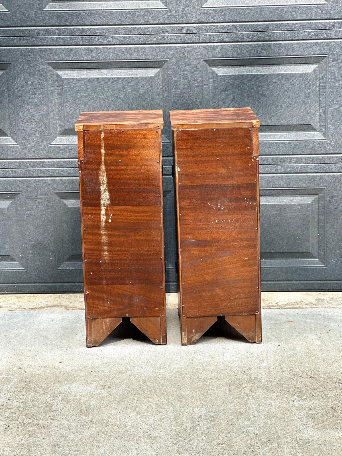 Antique Late 19th C Burl Wood Carved Narrow Side Cabinet Tables 12" Wide - a Pair