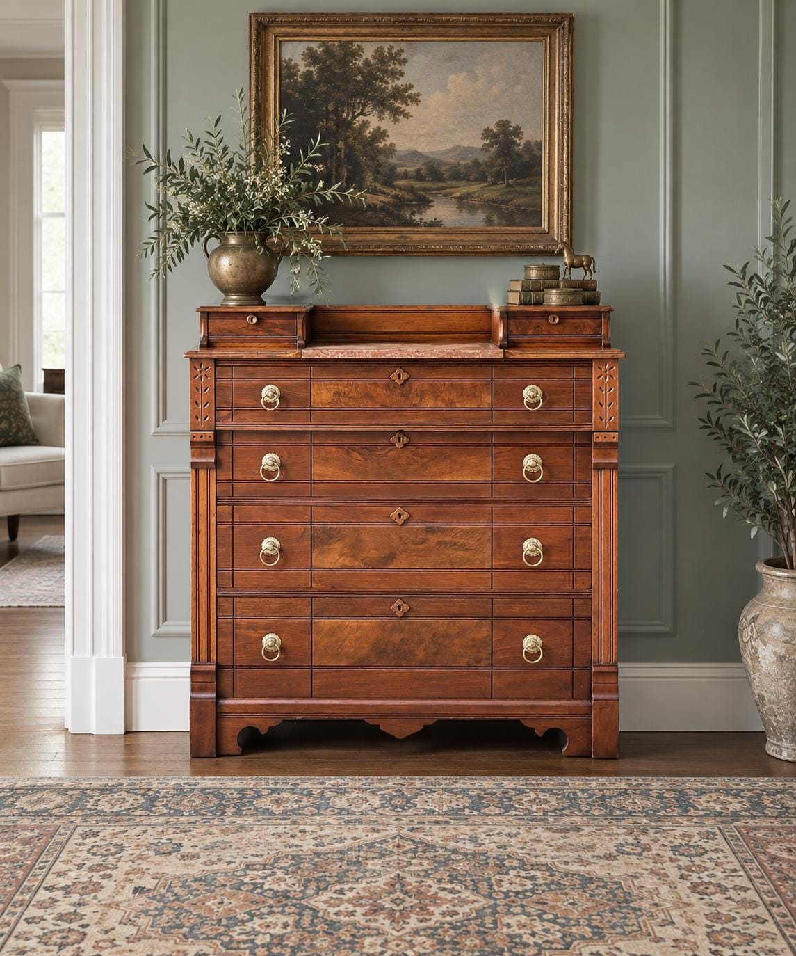 Antique 1870s Burl Walnut & Marble Top Ring Pull Eastlake Chest of Drawers Accent Dresser 40" Wide