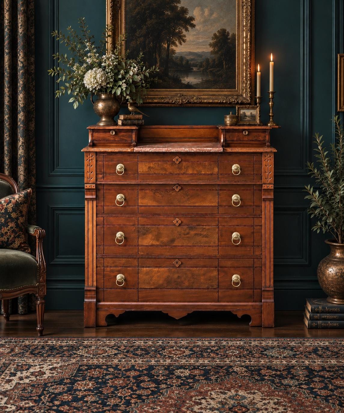 Antique 1870s Burl Walnut & Marble Top Ring Pull Eastlake Chest of Drawers Accent Dresser 40" Wide