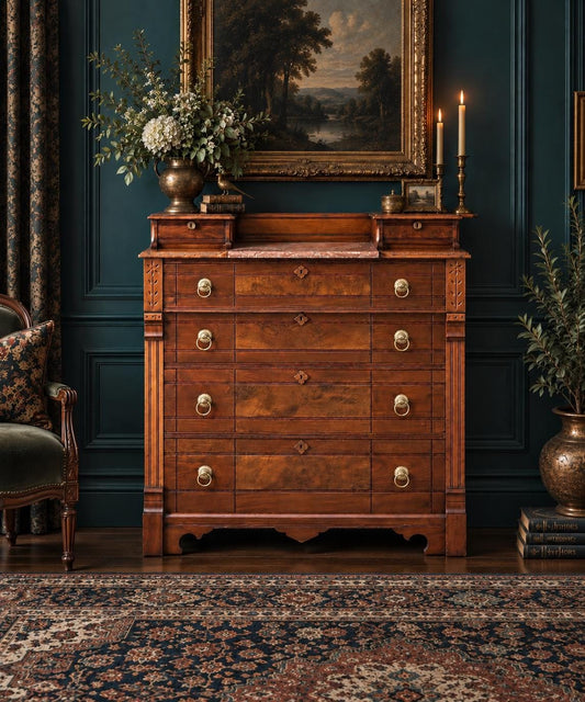 Antique 1870s Burl Walnut & Marble Top Ring Pull Eastlake Chest of Drawers Accent Dresser 40" Wide