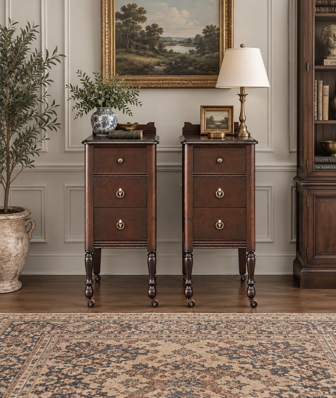Antique 1920s Mahogany Wood Three Drawer Narrow Ring Pull Nightstands on Casters 14" Wide - a Pair