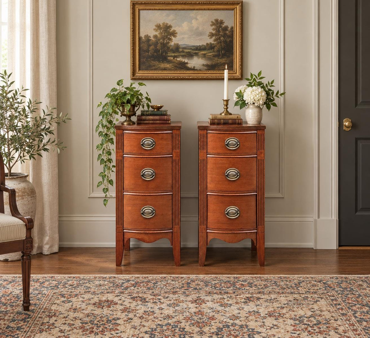 Vintage Mid 20th Century Traditional Mahogany Narrow Storage End Tables 13.25" Wide - a Pair
