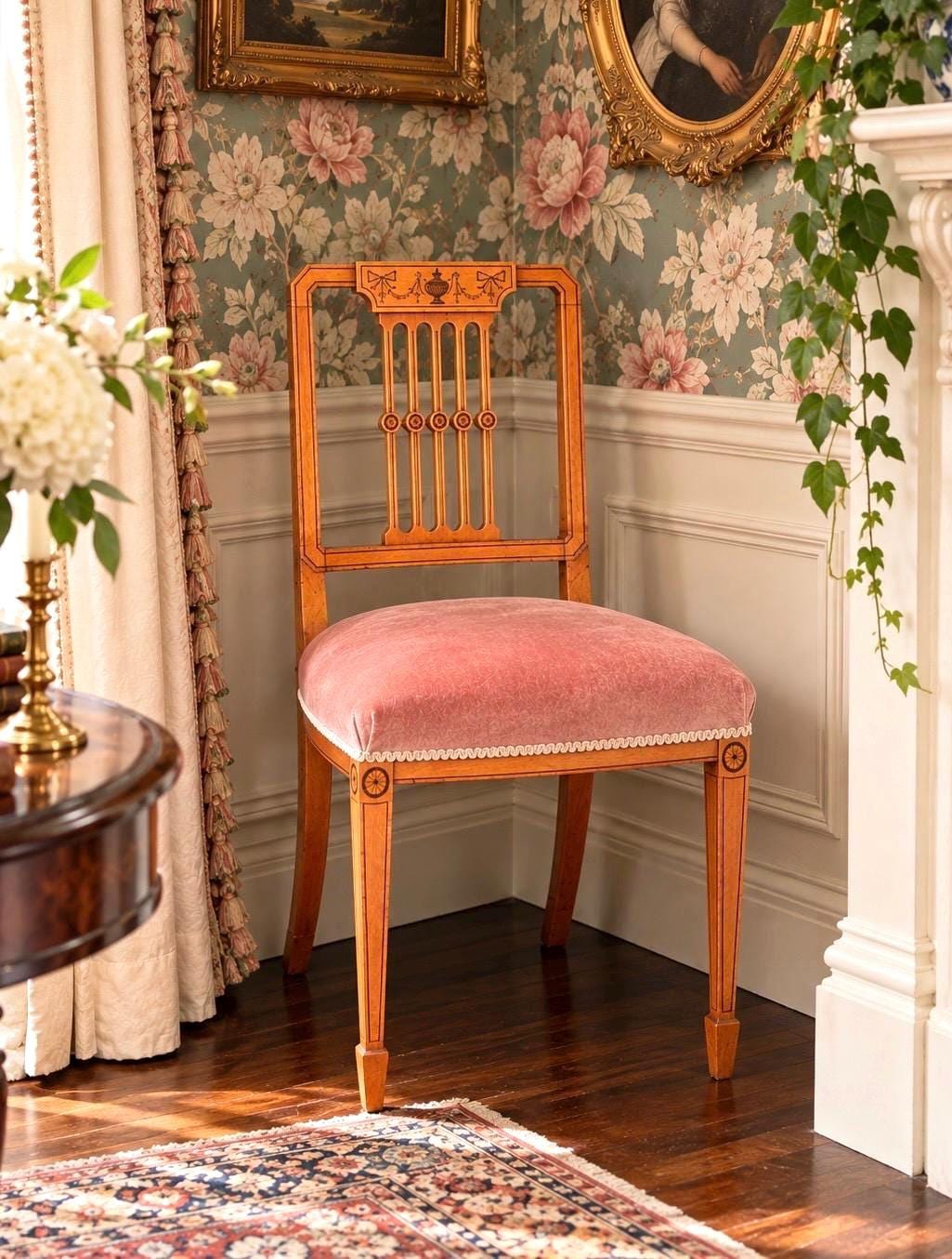 Antique Late 19th C Edwardian Sheraton Inlaid Yew Wood Upholstered Chair 18" Wide
