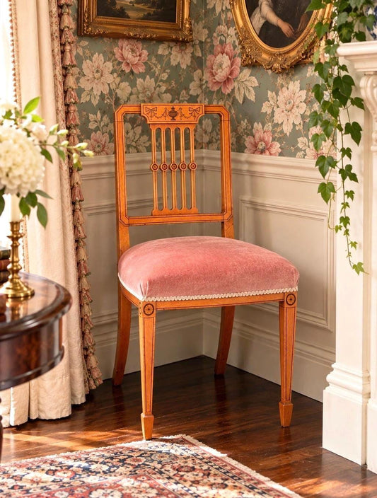 Antique Late 19th C Edwardian Sheraton Inlaid Yew Wood Upholstered Chair 18" Wide