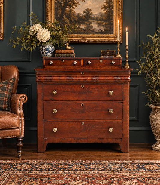Antique Early 19th C Crotch Mahogany Chest of Drawers with Hidden Ogee Drawer 41.5" Wide