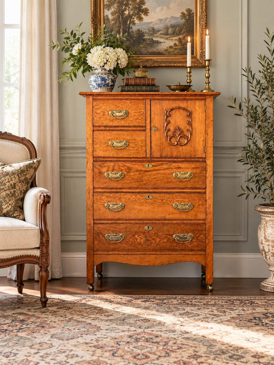Antique Early 20th C Tiger Oak Tall Chest of Drawers with Cabinet Storage on Casters 32.5" Wide