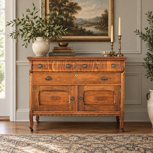 Antique Early 20th C Solid Oak Sideboard Server | Dresser Console on Casters 46.5" Wide