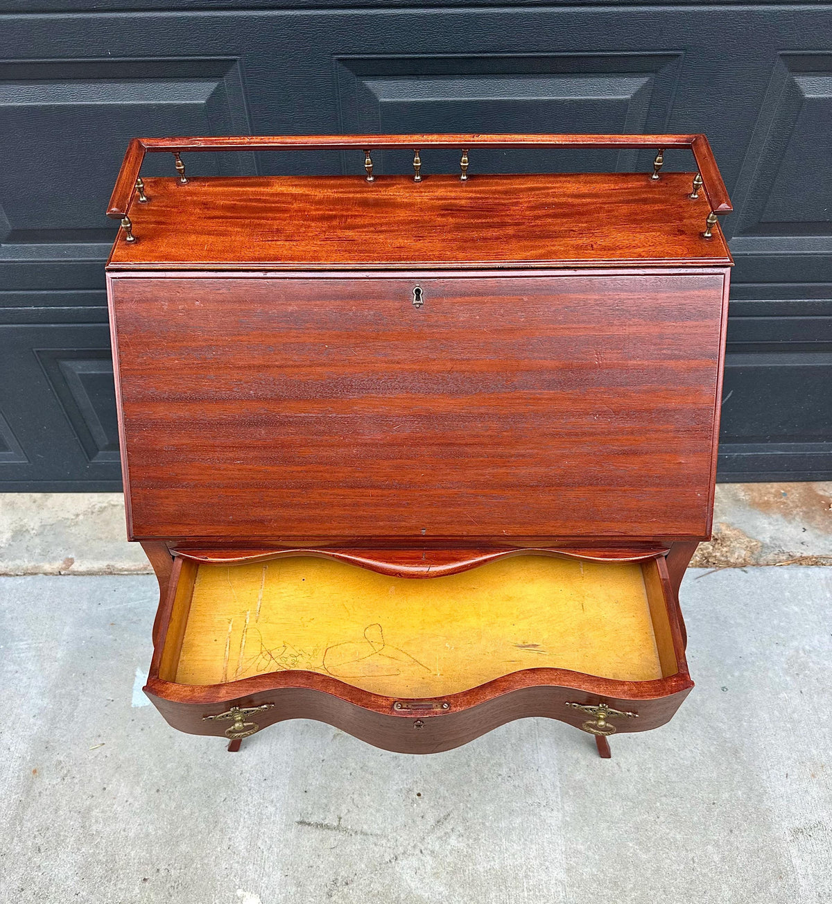 Antique Early 20th C Edwardian Mahogany Serpentine Secretary Desk with Drawer 29.75" Wide