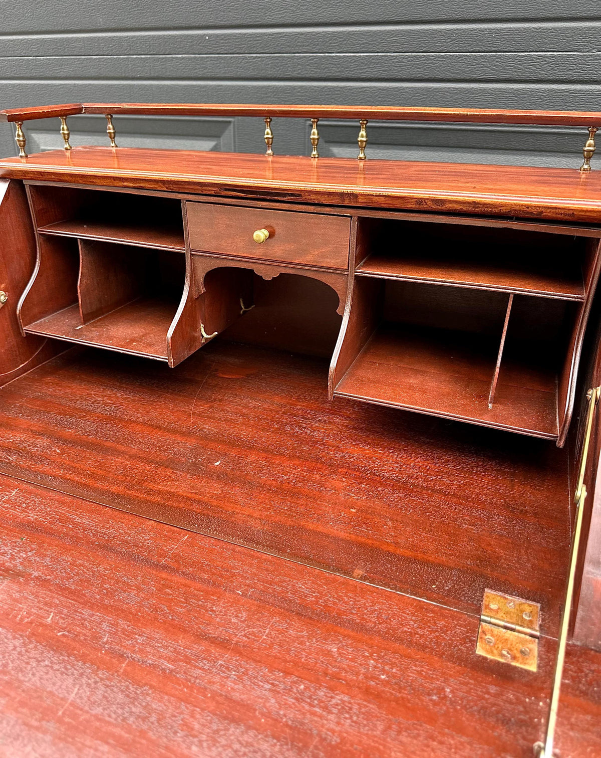 Antique Early 20th C Edwardian Mahogany Serpentine Secretary Desk with Drawer 29.75" Wide