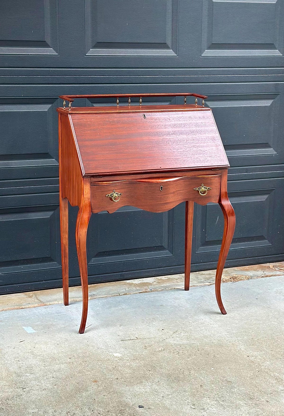 Antique Early 20th C Edwardian Mahogany Serpentine Secretary Desk with Drawer 29.75" Wide