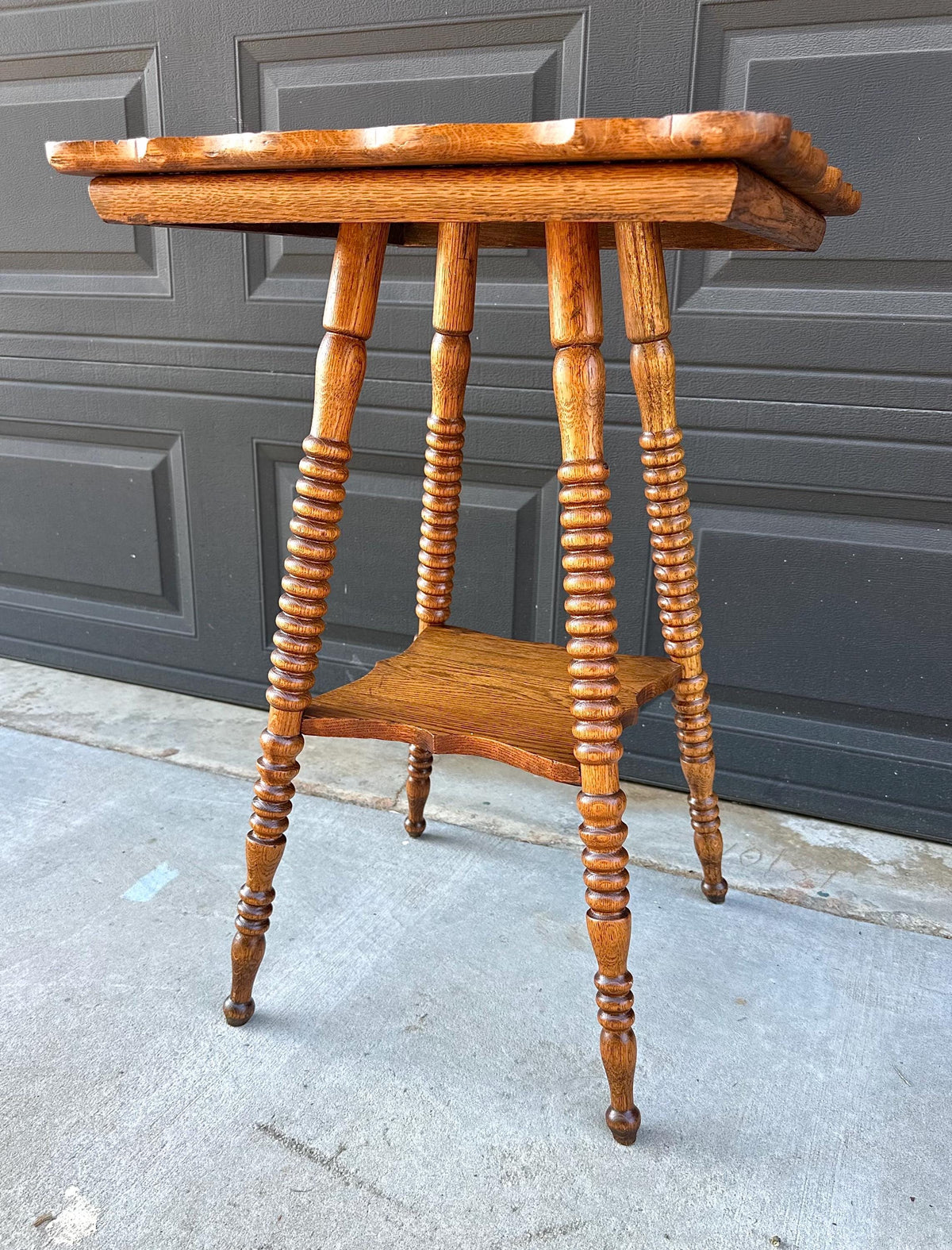 Antique Late 19th C Scalloped Oak Turned Spool Leg Two Tier Table 20" Wide