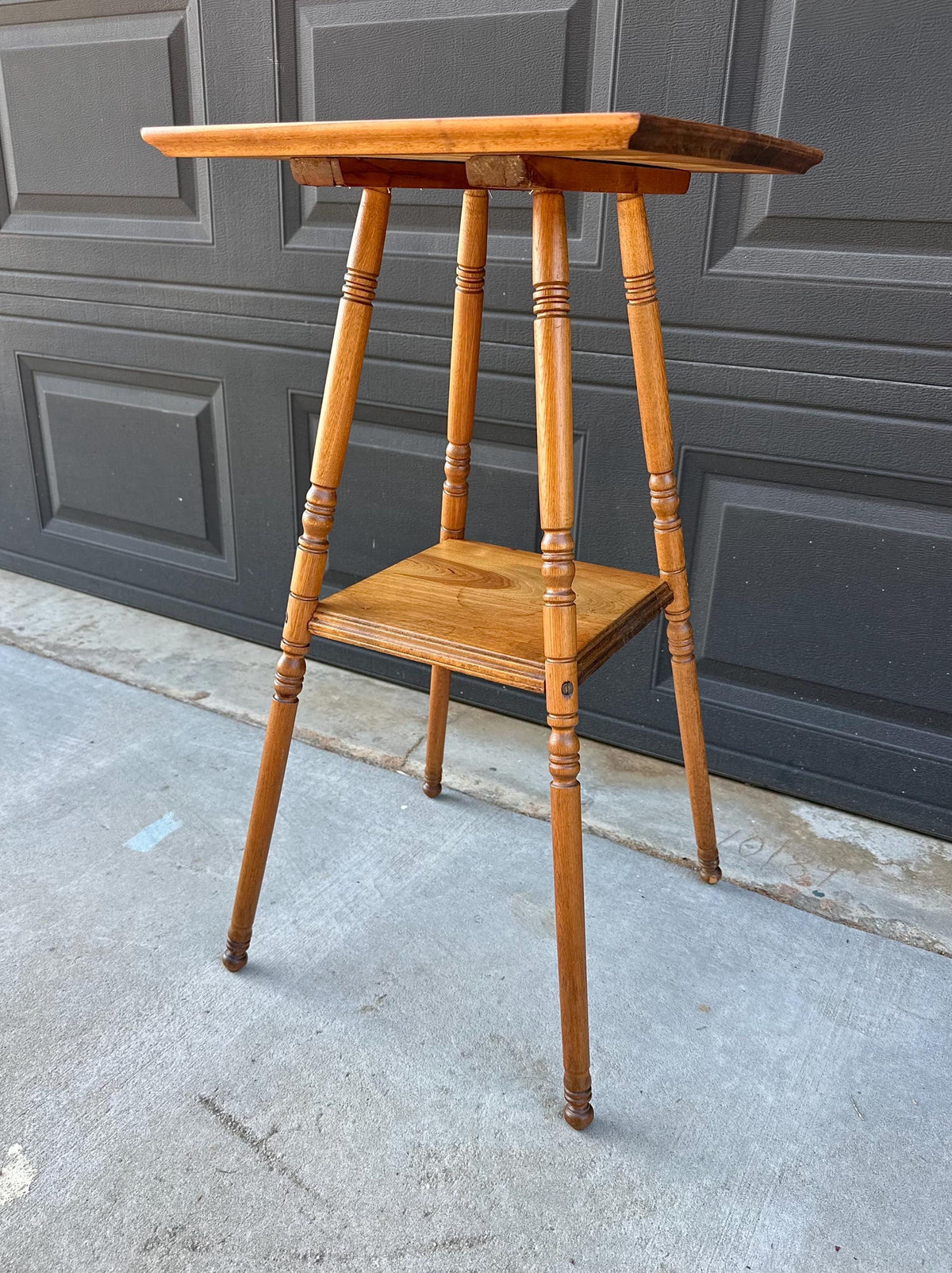 Antique Late 19th C Oak Turned Leg Two Tier Table 15" Wide