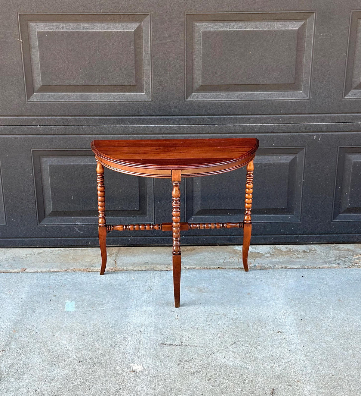 Antique Late 19th C Turned Bobbin Leg Mahogany Demilune Half Moon Table 25" Wide