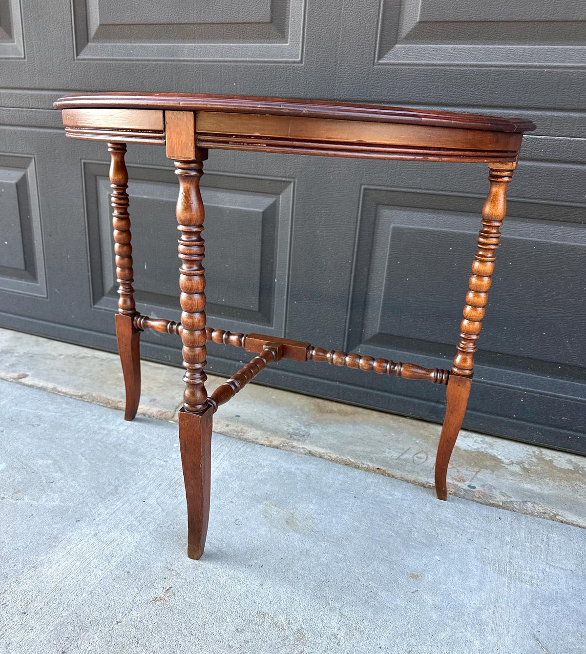 Antique Late 19th C Turned Bobbin Leg Mahogany Demilune Half Moon Table 25" Wide
