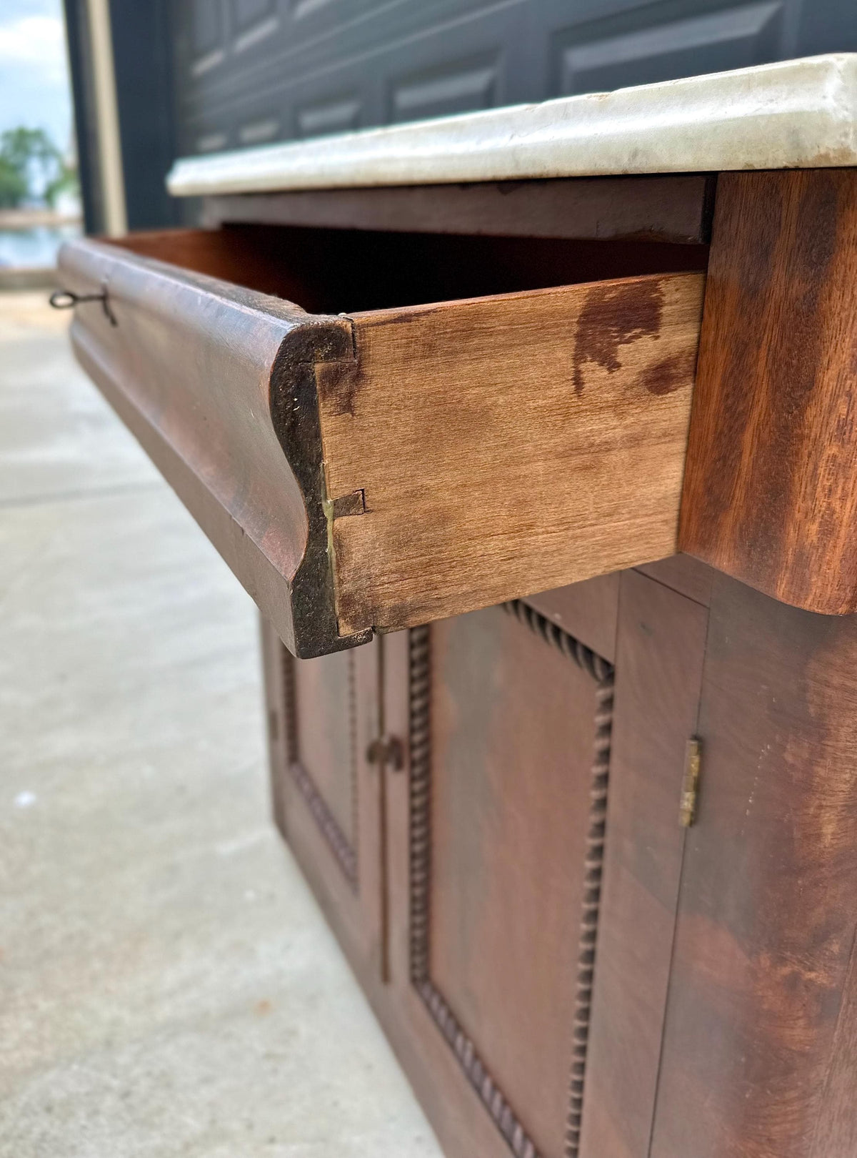 Antique Mid-19th C Marble Top Flame Mahogany Cabinet on Brass Casters (30" Wide)