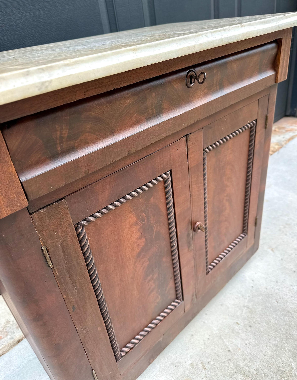 Antique Mid-19th C Marble Top Flame Mahogany Cabinet on Brass Casters (30" Wide)