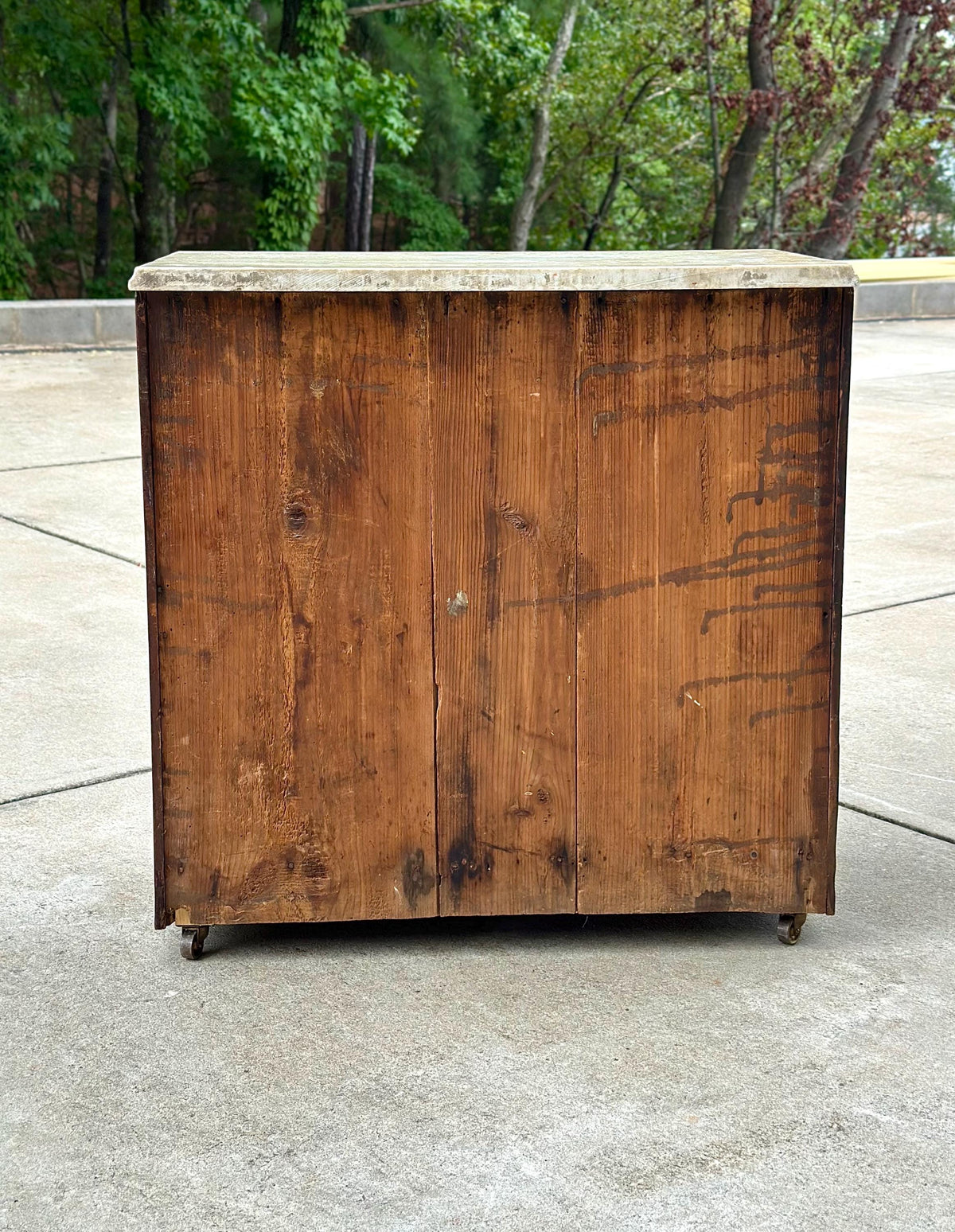 Antique Mid-19th C Marble Top Flame Mahogany Cabinet on Brass Casters (30" Wide)