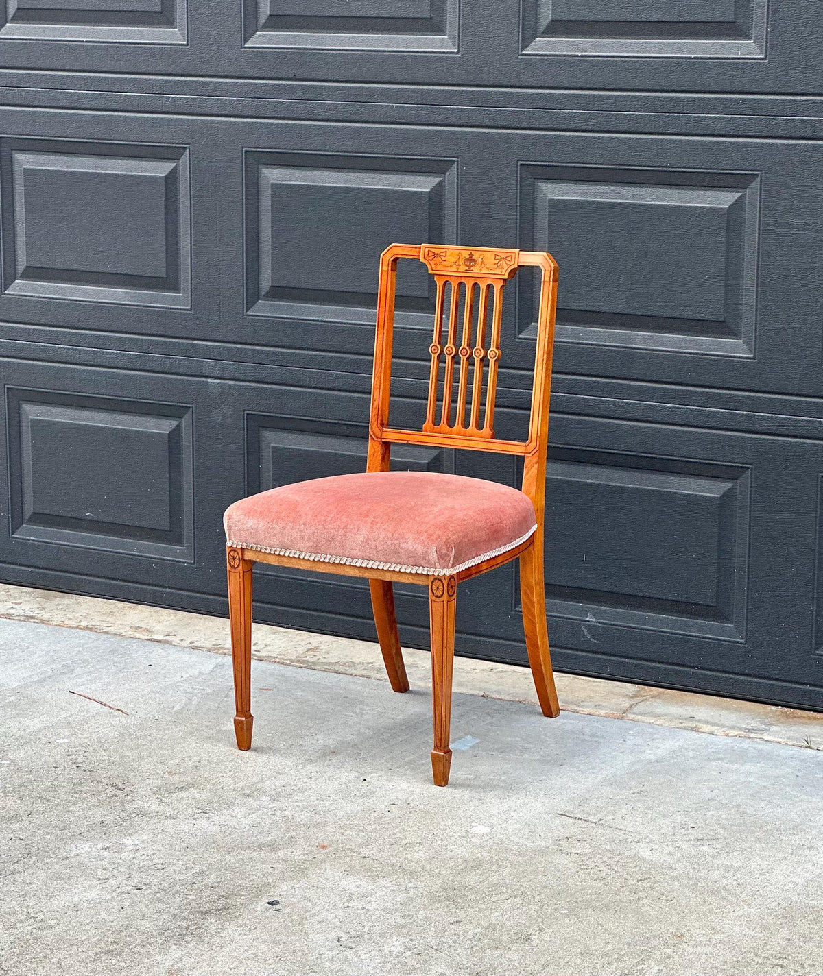 Antique Late 19th C Edwardian Sheraton Inlaid Yew Wood Upholstered Chair 18" Wide
