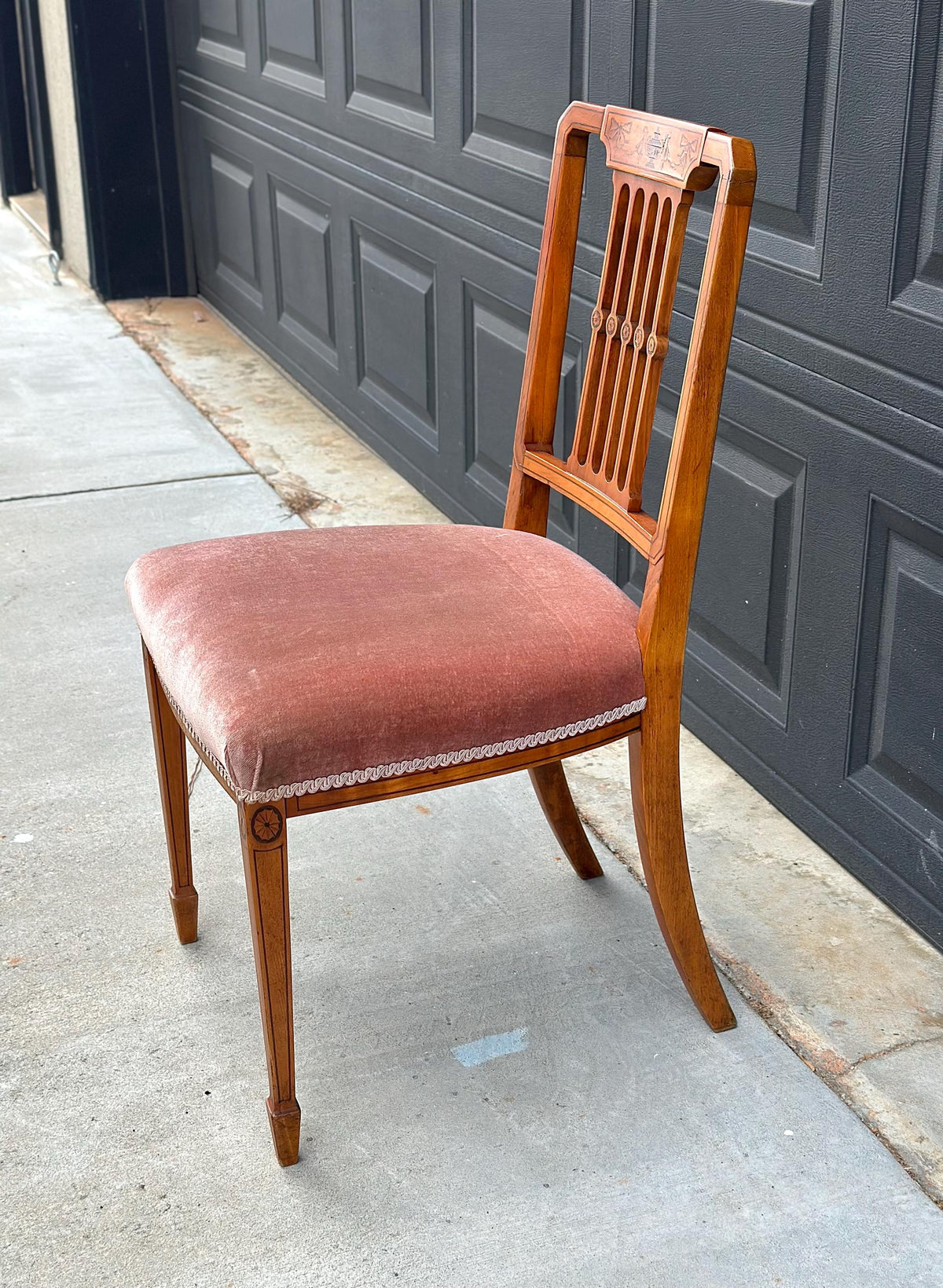 Antique Late 19th C Edwardian Sheraton Inlaid Yew Wood Upholstered Chair 18" Wide