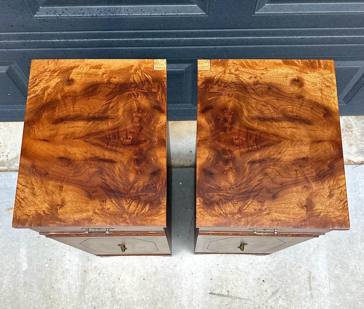 Antique Late 19th C Burl Wood Carved Narrow Side Cabinet Tables 12" Wide - a Pair