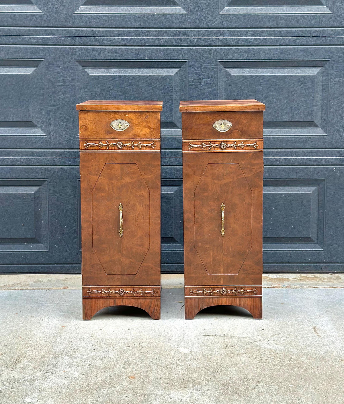 Antique Late 19th C Burl Wood Carved Narrow Side Cabinet Tables 12" Wide - a Pair