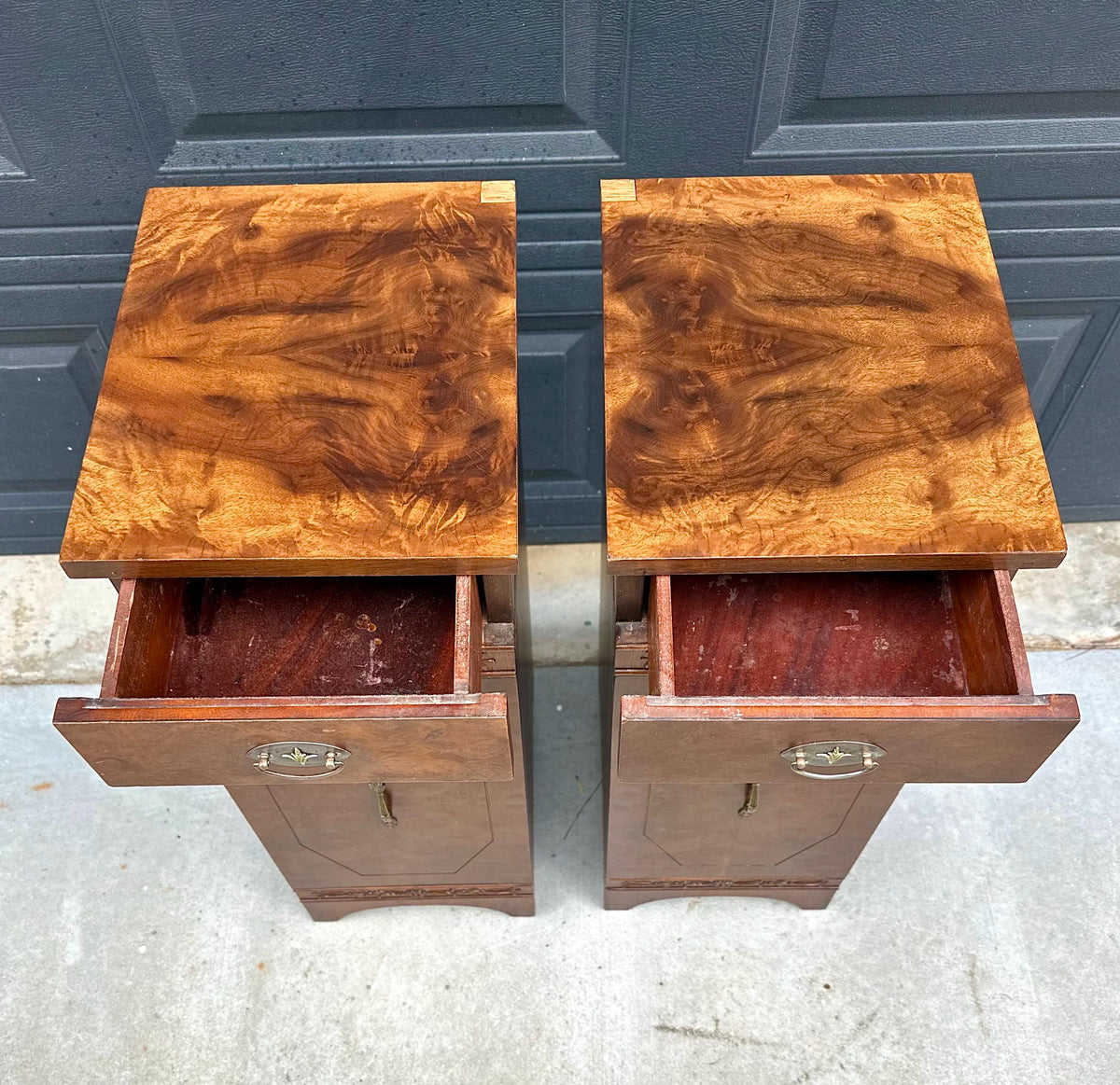 Antique Late 19th C Burl Wood Carved Narrow Side Cabinet Tables 12" Wide - a Pair