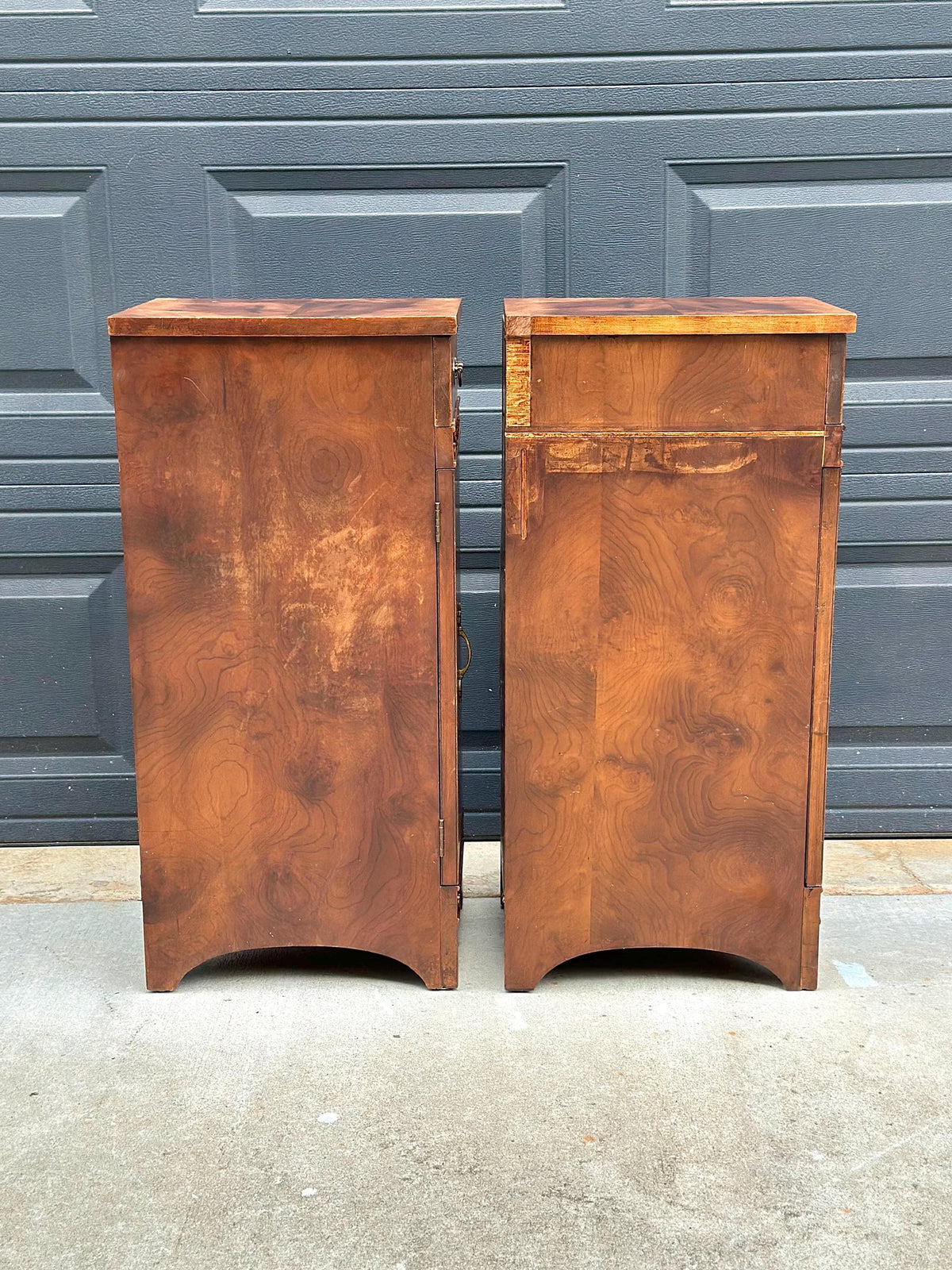 Antique Late 19th C Burl Wood Carved Narrow Side Cabinet Tables 12" Wide - a Pair
