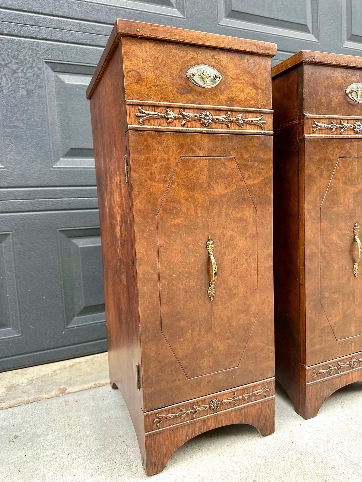 Antique Late 19th C Burl Wood Carved Narrow Side Cabinet Tables 12" Wide - a Pair