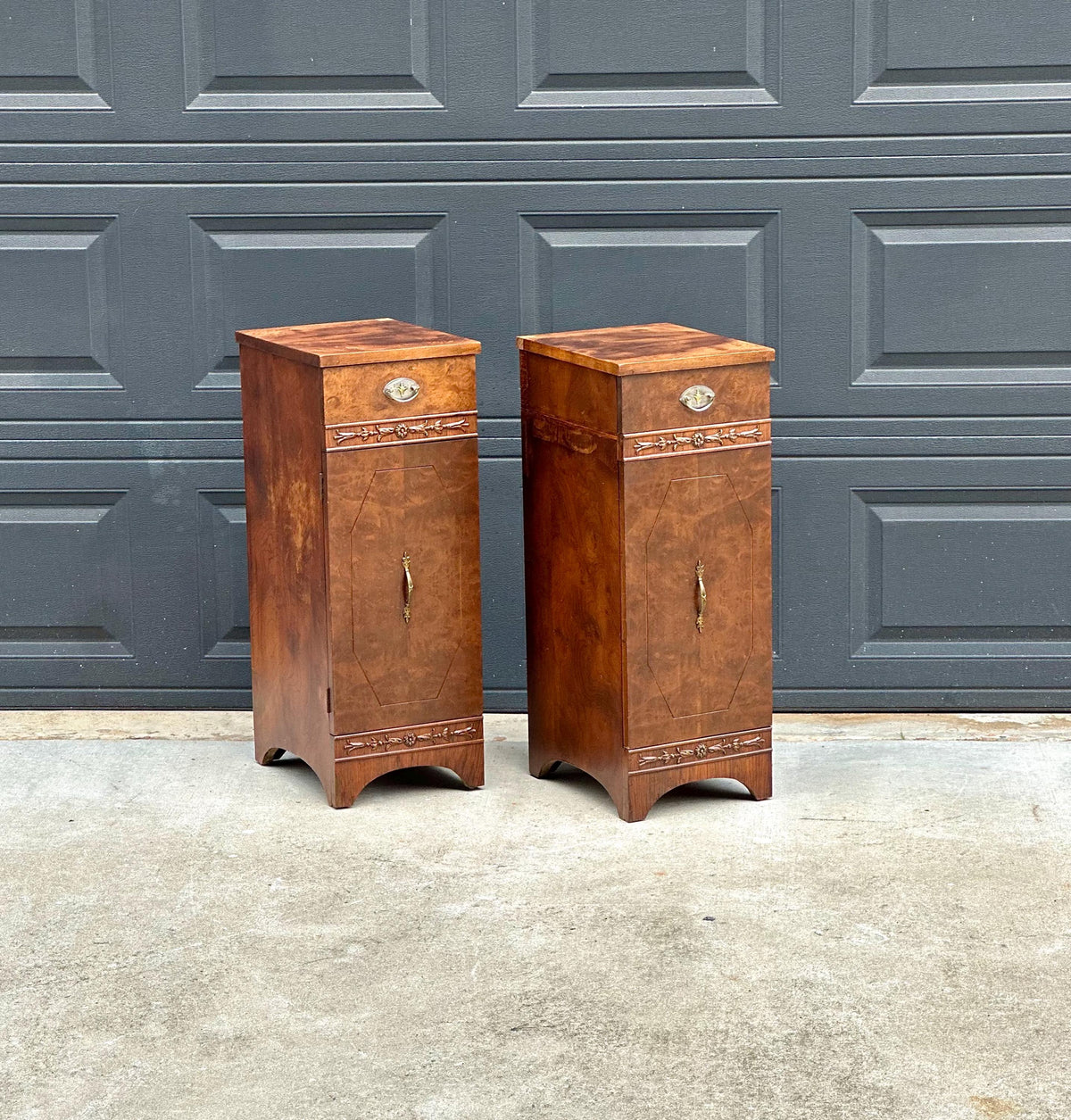 Antique Late 19th C Burl Wood Carved Narrow Side Cabinet Tables 12" Wide - a Pair