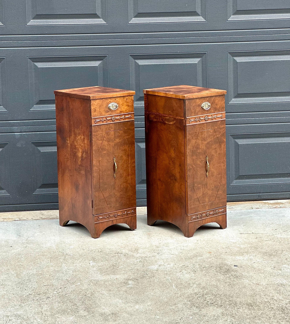 Antique Late 19th C Burl Wood Carved Narrow Side Cabinet Tables 12" Wide - a Pair