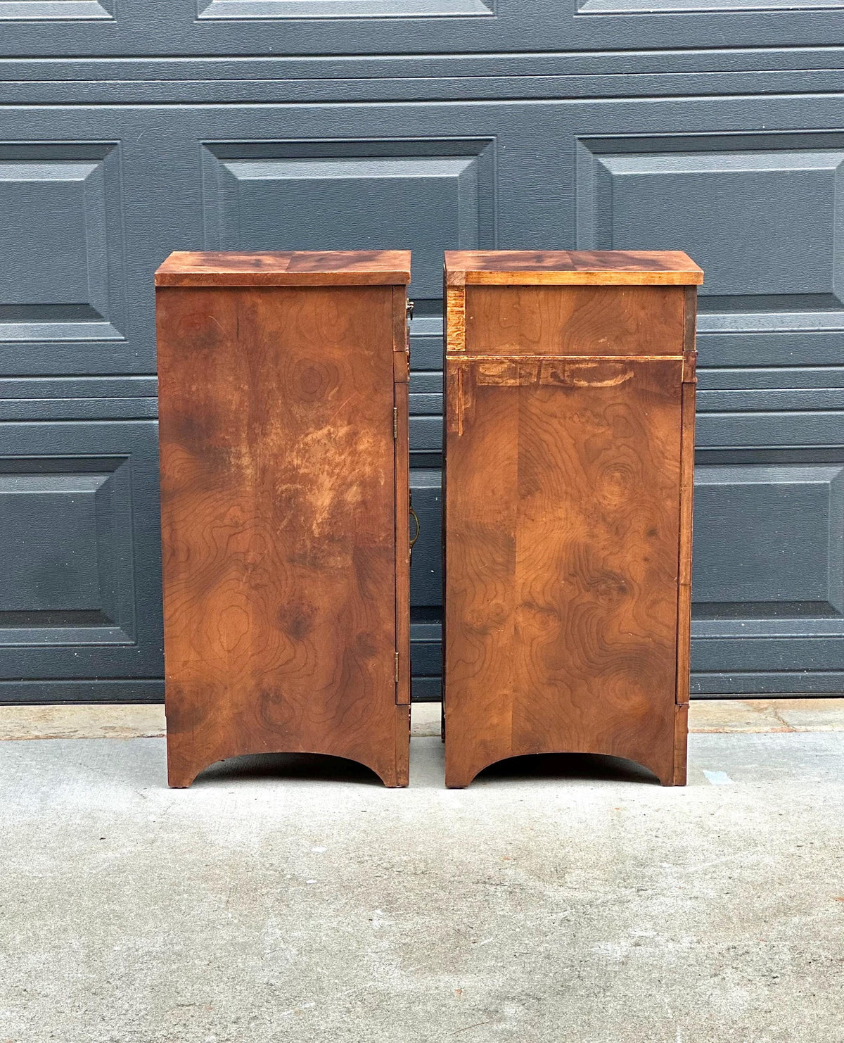 Antique Late 19th C Burl Wood Carved Narrow Side Cabinet Tables 12" Wide - a Pair