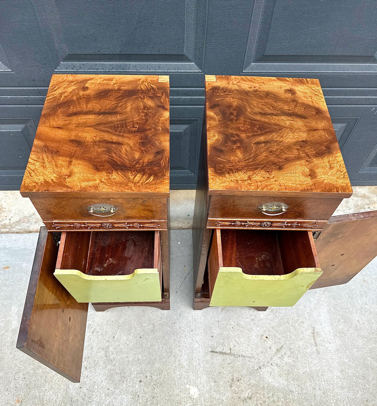 Antique Late 19th C Burl Wood Carved Narrow Side Cabinet Tables 12" Wide - a Pair