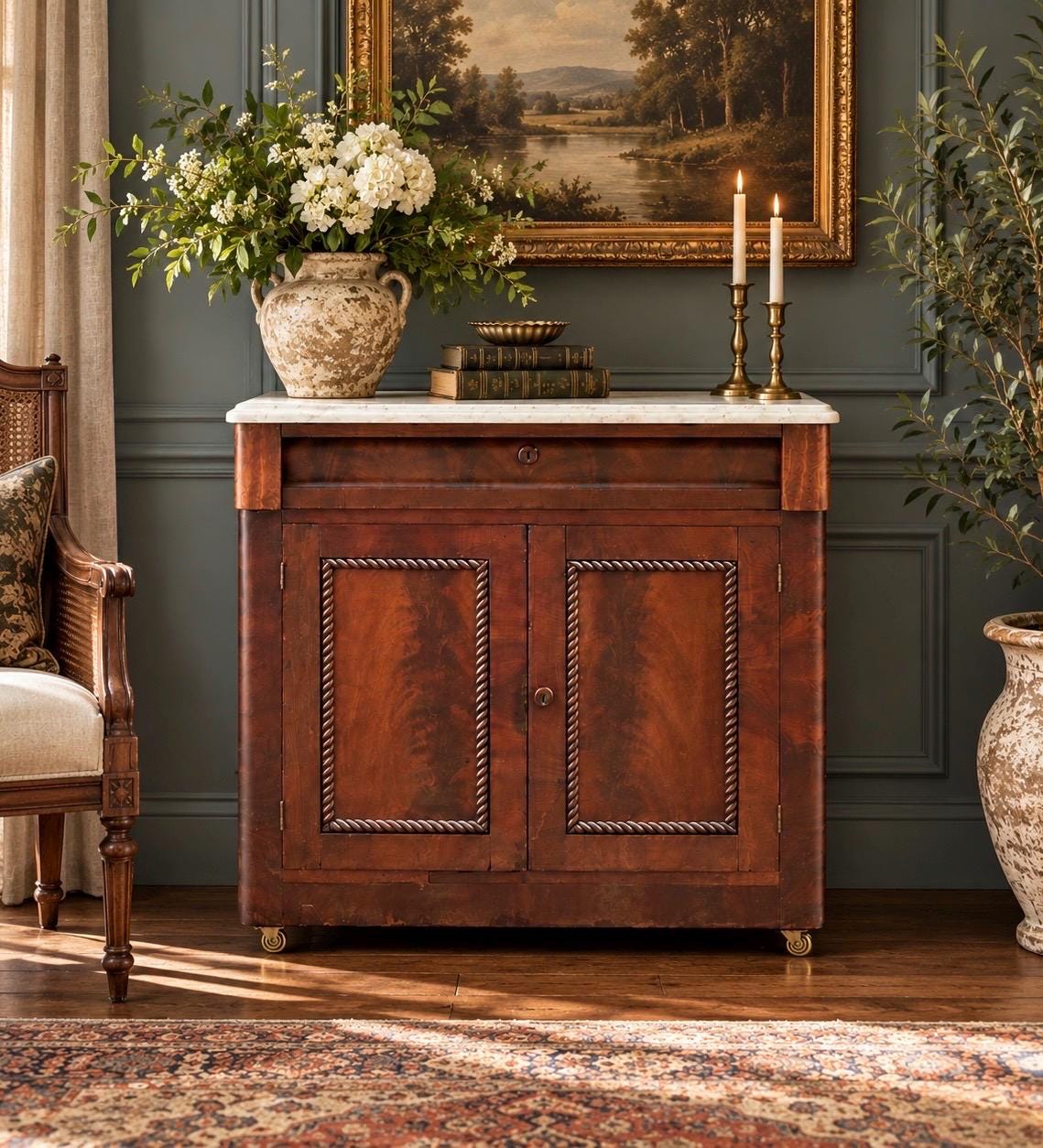 Antique Mid-19th C Marble Top Flame Mahogany Cabinet on Brass Casters (30" Wide)