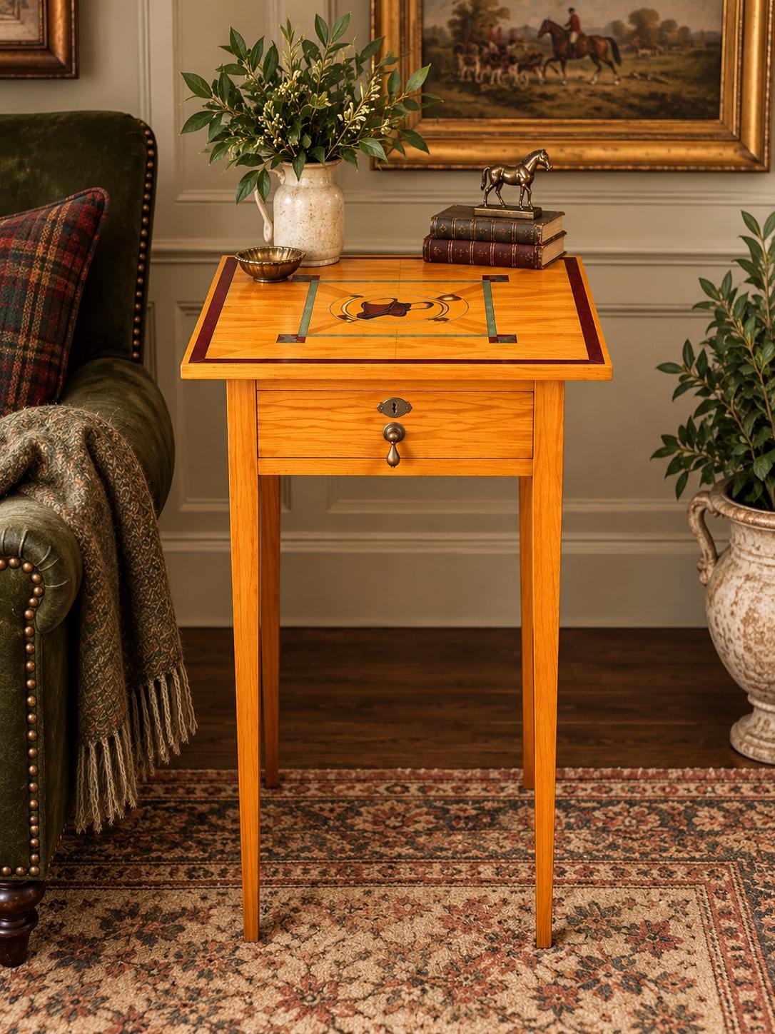Vintage Mid 20th C Saddle & Hunting Horn Accent Side Table with Skeleton Key 18" Wide