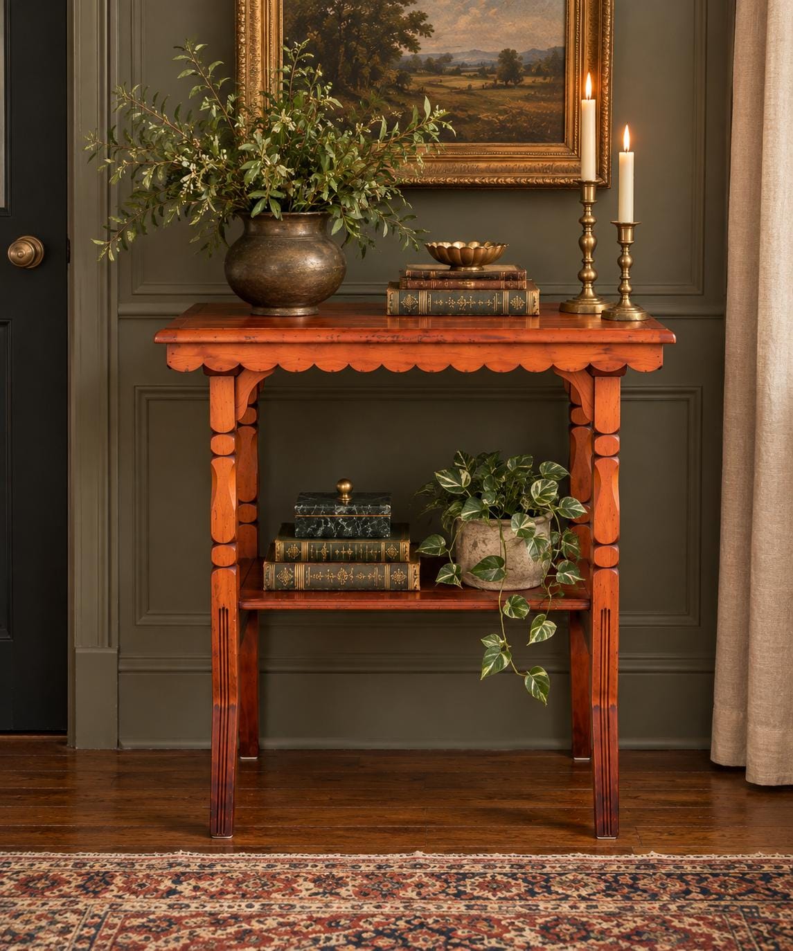 Antique Late 19th C Maple Turned Leg Two Tier Hall Accent Table 25" Wide