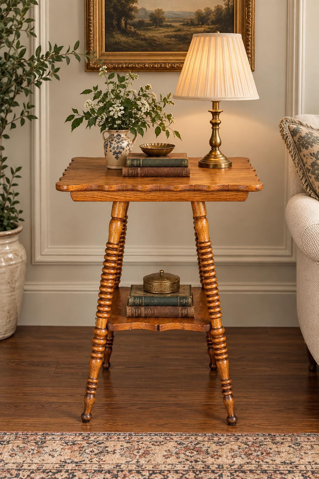 Antique Late 19th C Scalloped Oak Turned Spool Leg Two Tier Table 20" Wide