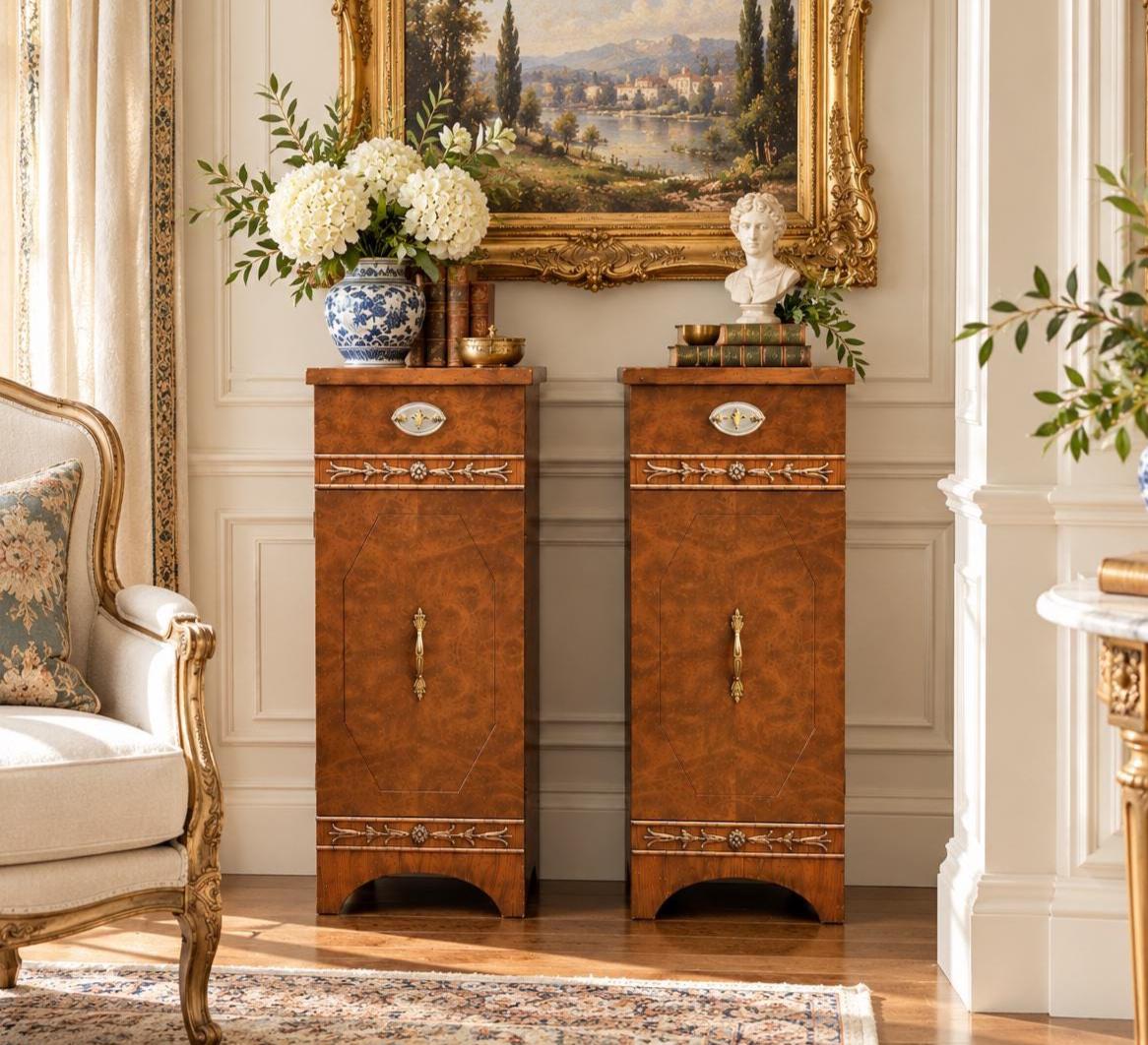 Antique Late 19th C Burl Wood Carved Narrow Side Cabinet Tables 12" Wide - a Pair