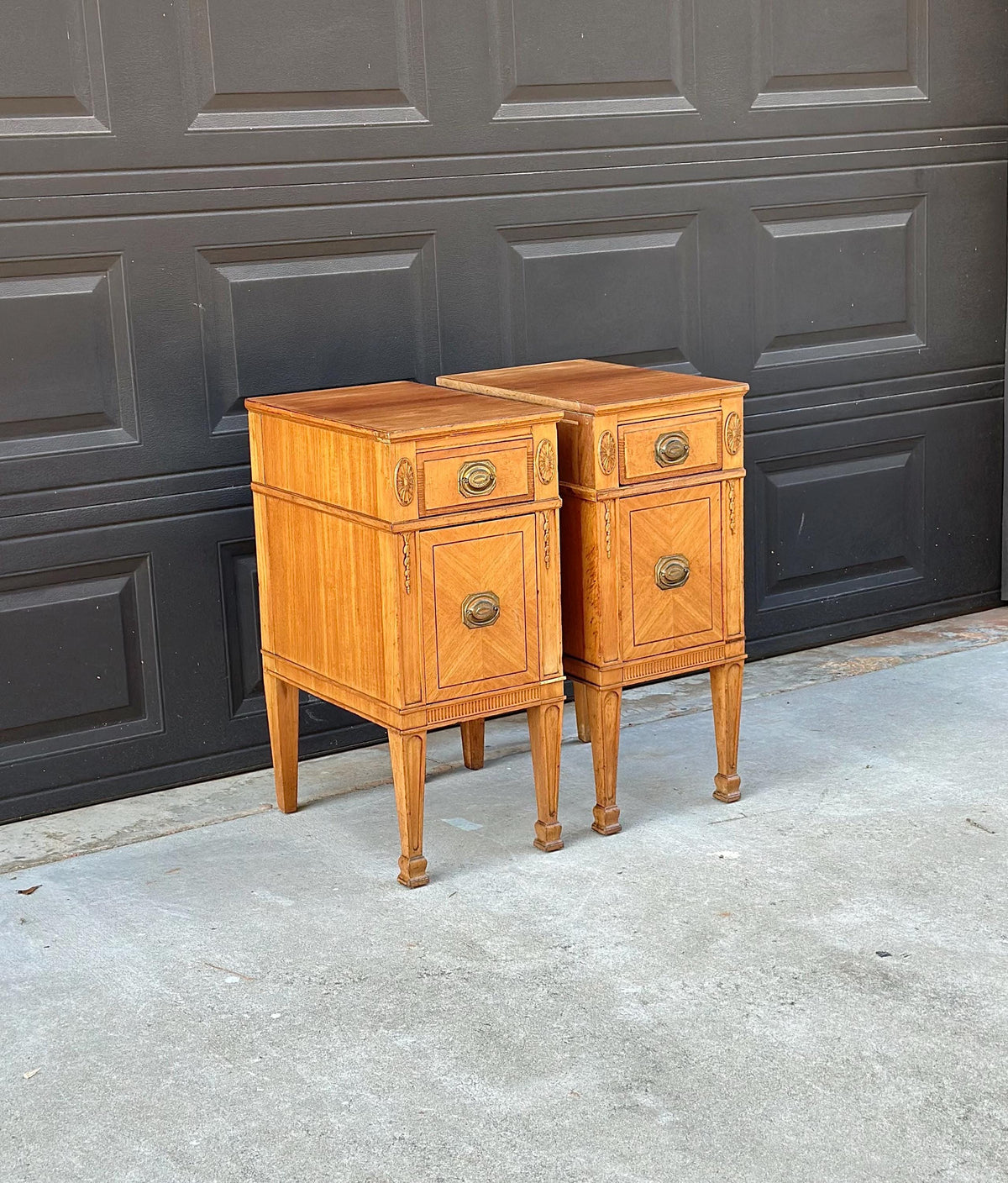 Antique Early 20th C Burl Maple & Mahogany Neoclassical Nightstands 12.5" Wide - a Pair