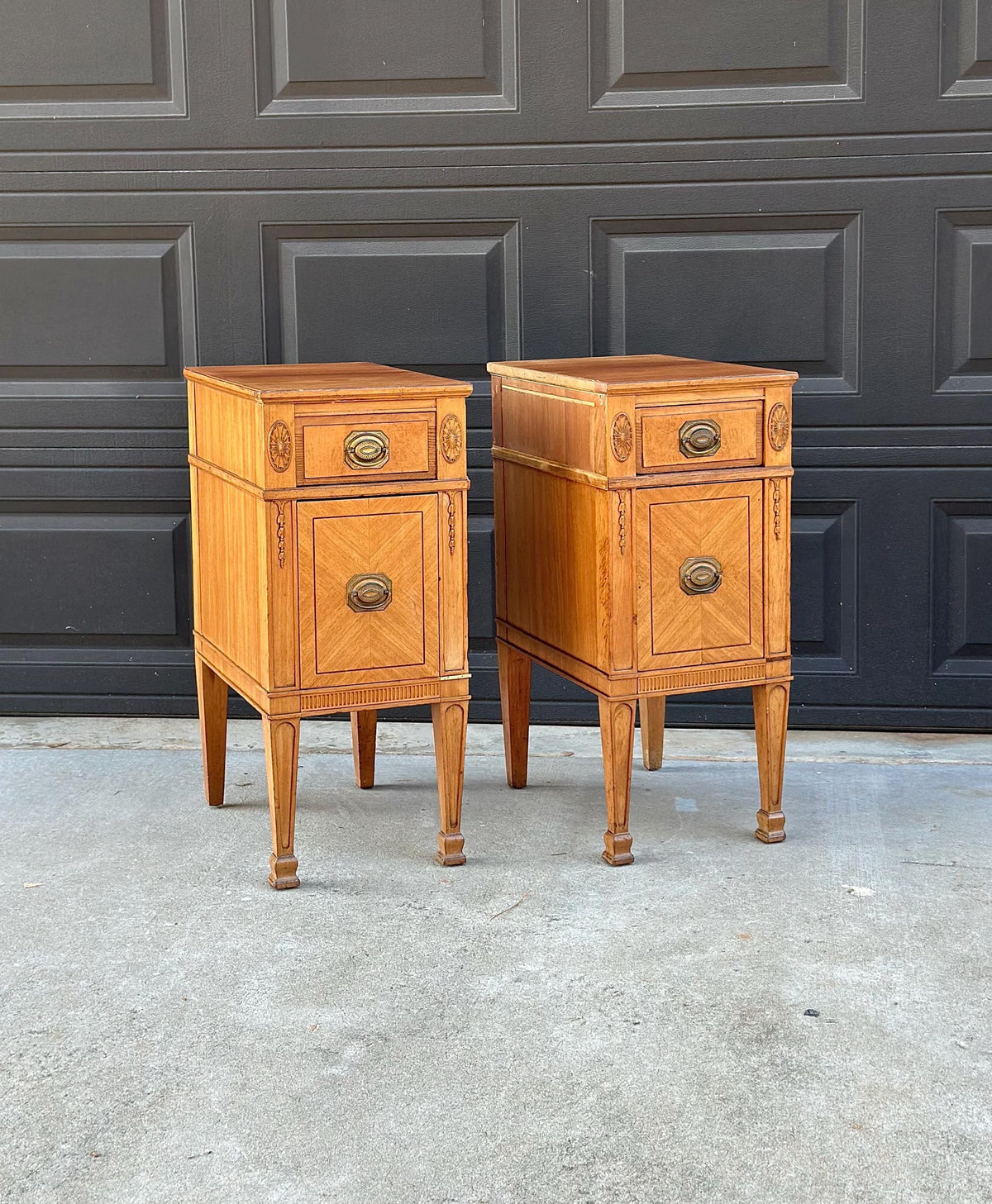 Antique Early 20th C Burl Maple & Mahogany Neoclassical Nightstands 12.5" Wide - a Pair