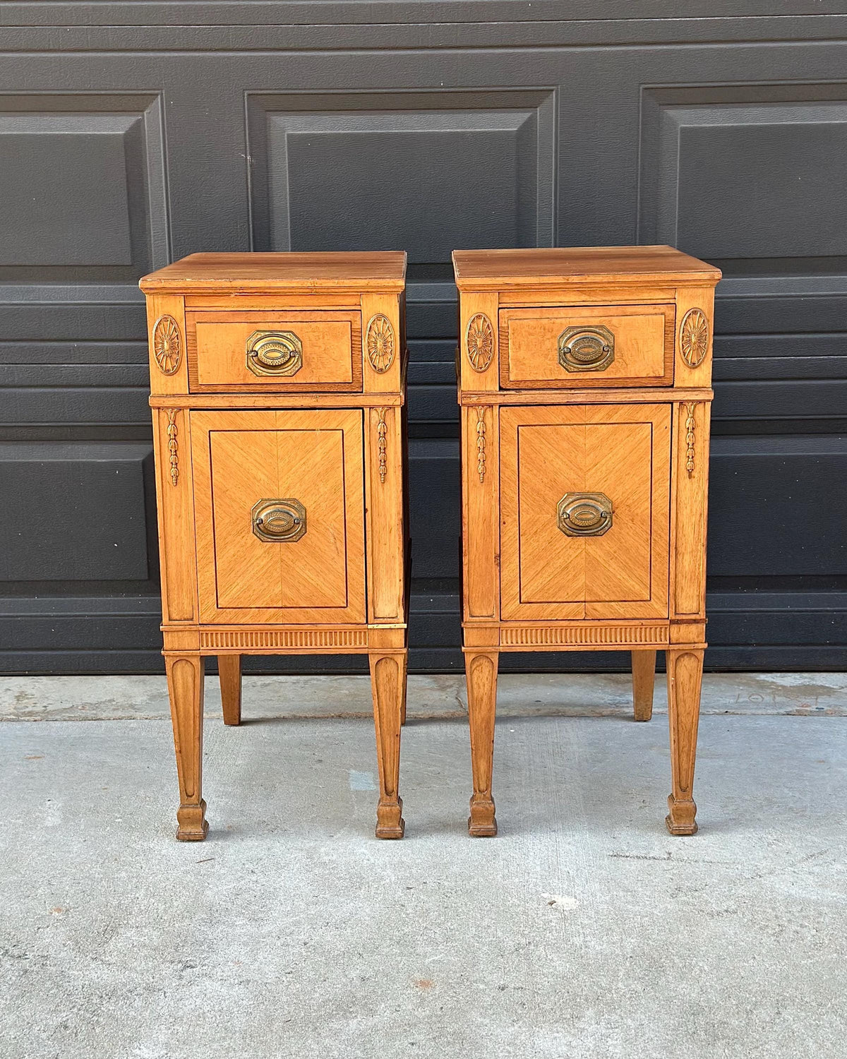 Antique Early 20th C Burl Maple & Mahogany Neoclassical Nightstands 12.5" Wide - a Pair