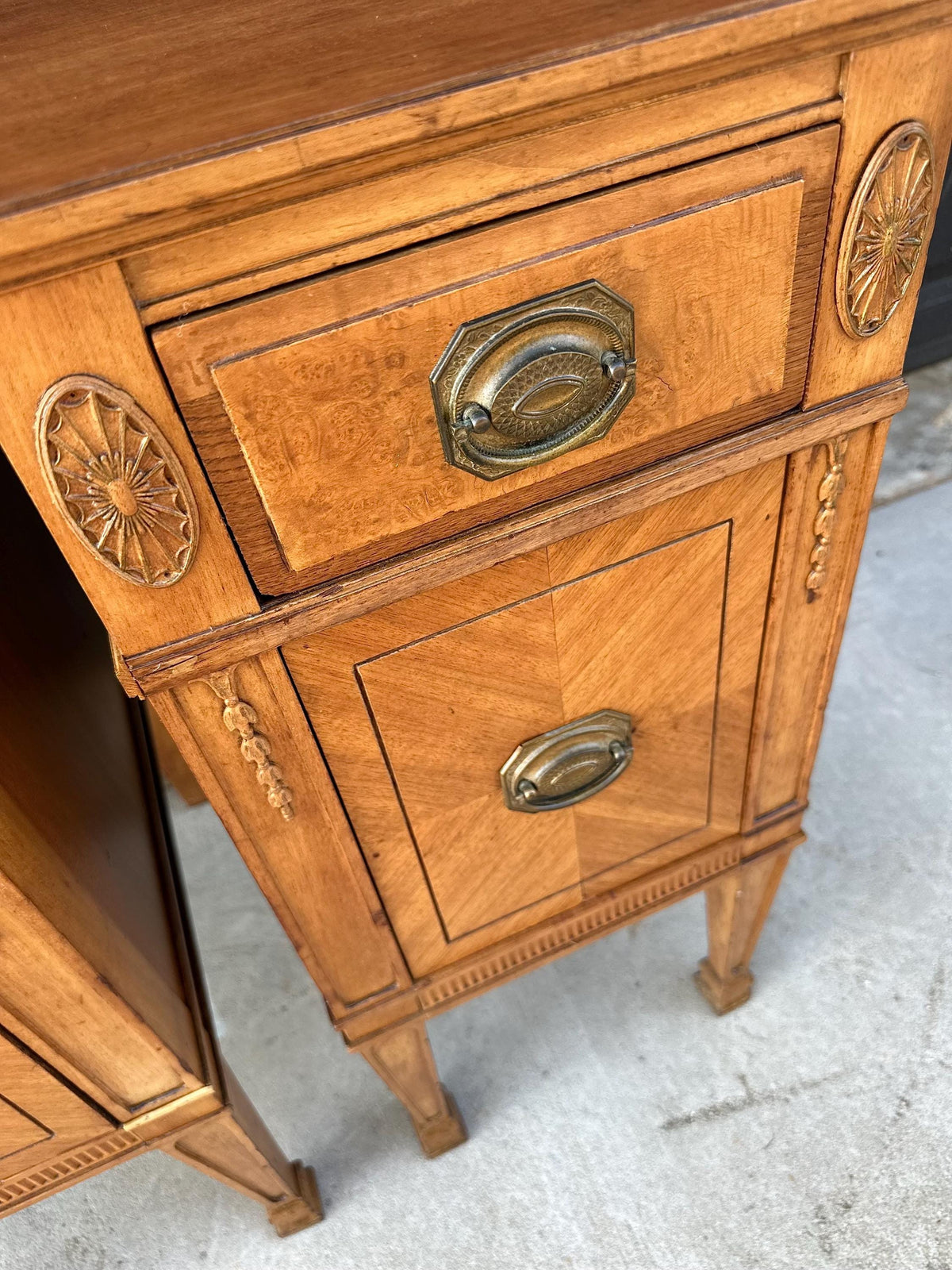 Antique Early 20th C Burl Maple & Mahogany Neoclassical Nightstands 12.5" Wide - a Pair