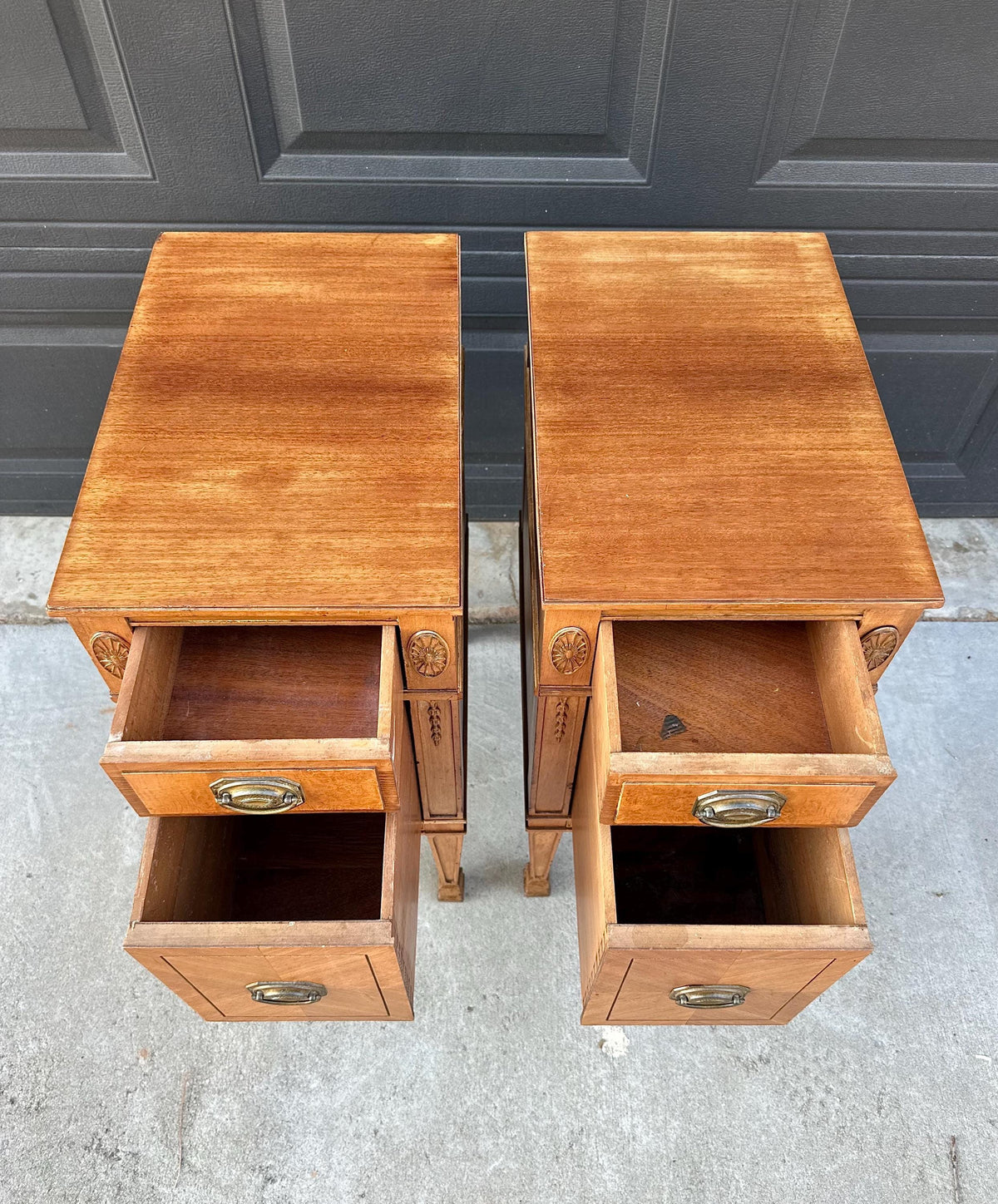 Antique Early 20th C Burl Maple & Mahogany Neoclassical Nightstands 12.5" Wide - a Pair